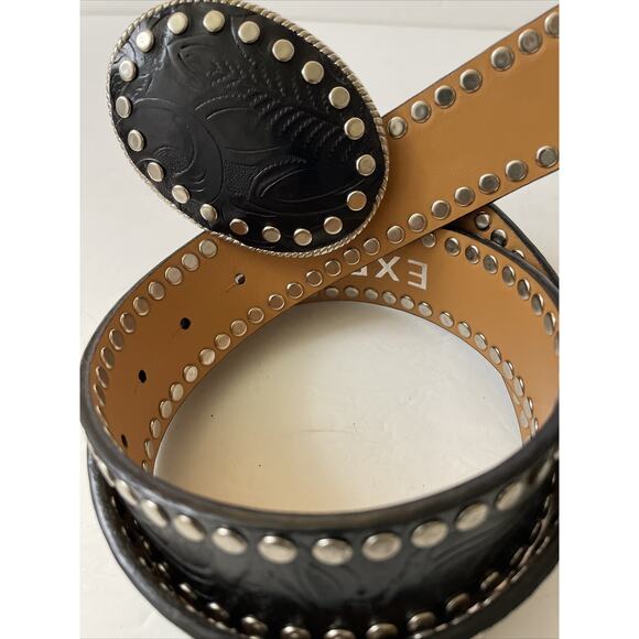 Black Bojo Express Leather Tooled Flowers all over Belt Silver Tone Studs 33.5" - Picture 1 of 10